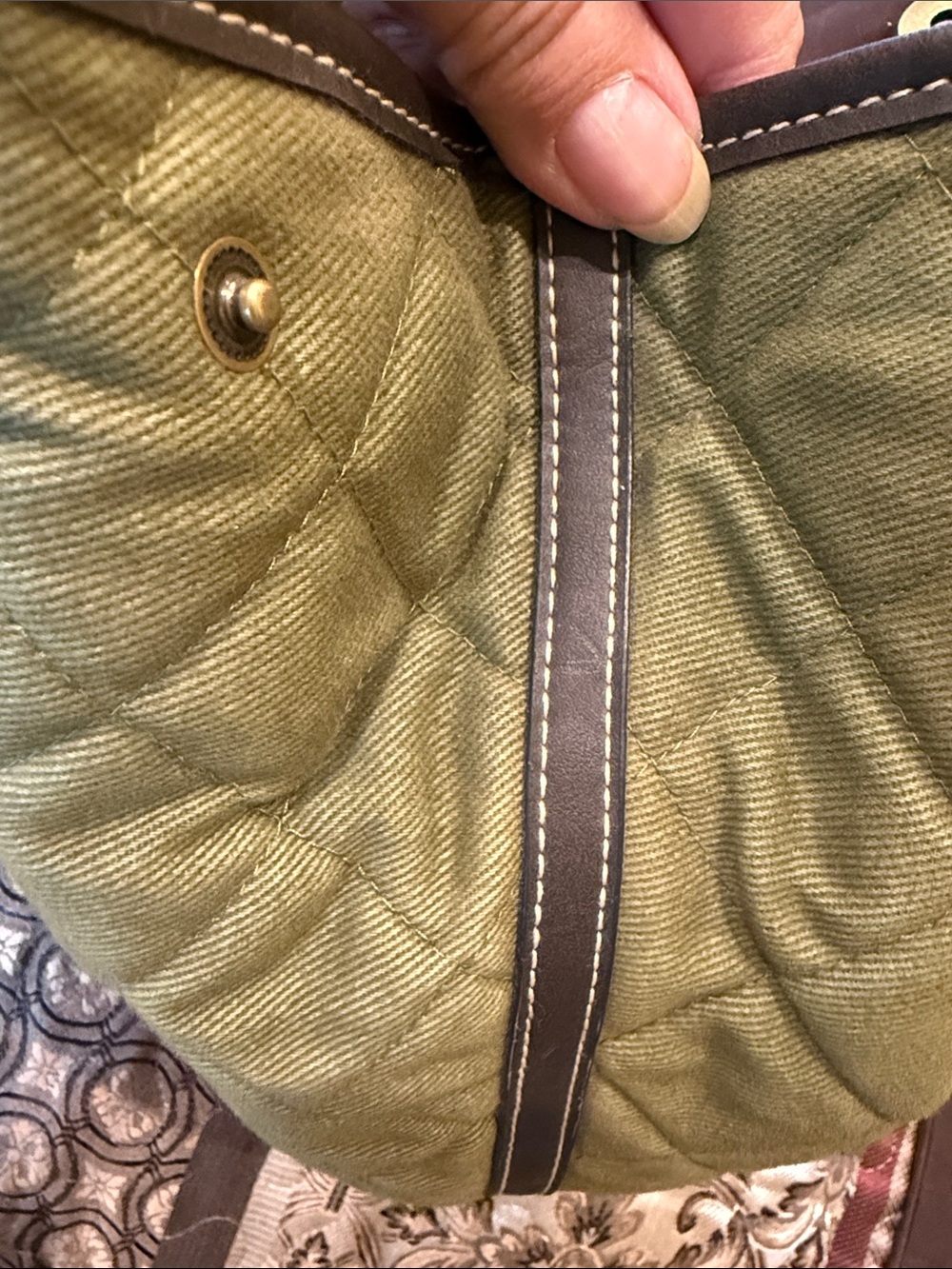 G.H. Bass& Co. Olive Quilted Tote Bag with Brown Trim - Picture 3 of 8